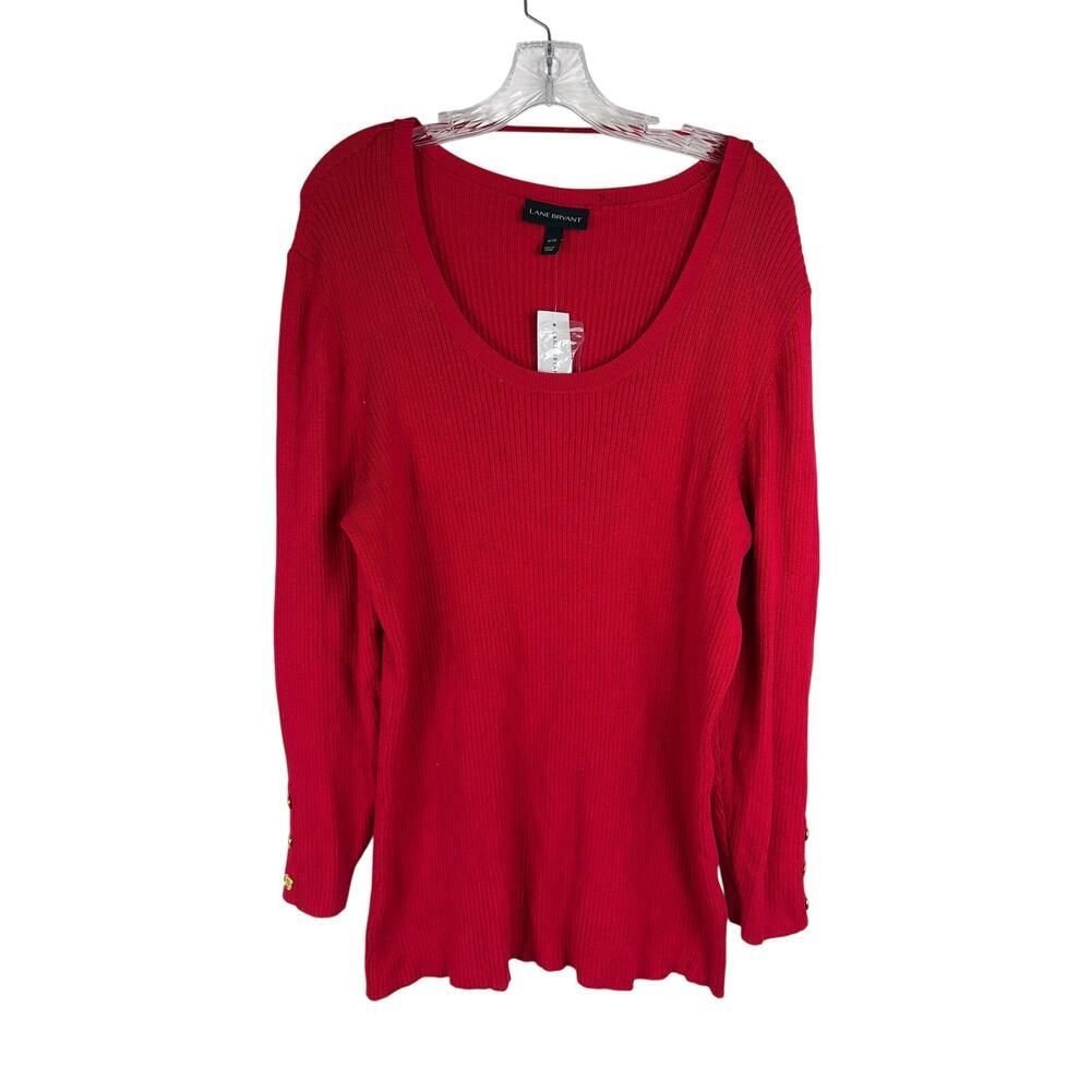 Lane Bryant Red Ribbed Long Sweater Tunic 18/20 Gold Buttons Scoop Neck NWT